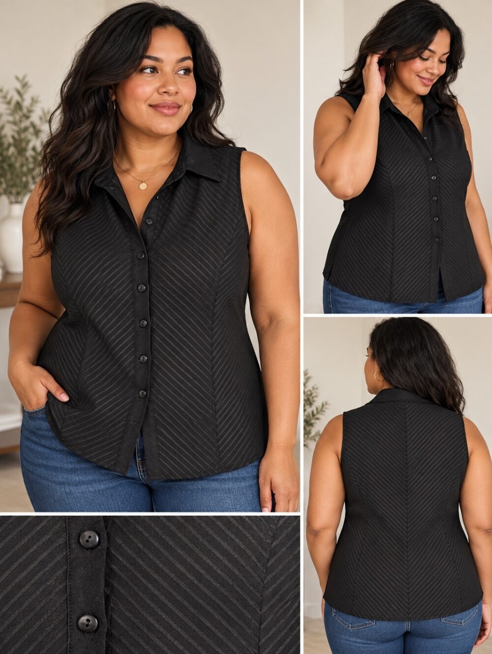 🌟 2/$15 Jessica Black Sleeveless Button-Front Blouse – Size XL